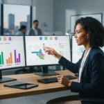 Representação gráfica de uma marca sendo analisada em computadores exibindo respostas geradas por diferentes inteligências ar