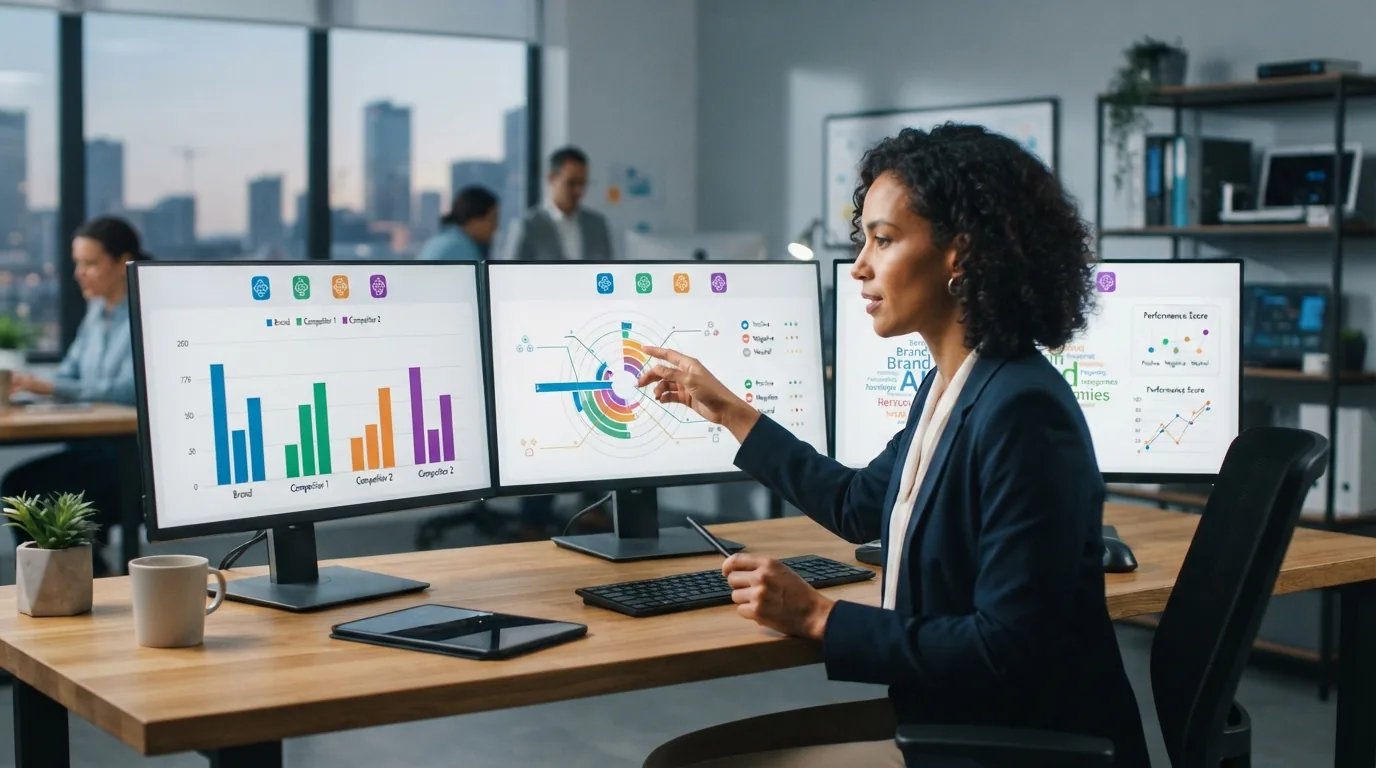 Representação gráfica de uma marca sendo analisada em computadores exibindo respostas geradas por diferentes inteligências ar