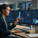 Interface digital com gráficos e indicadores mostrando análise de visibilidade de marca em respostas do ChatGPT